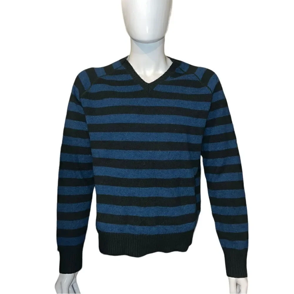 J. Crew Mens Lambs Wool Sweater Blue Green Striped Tight Knit Large EUC